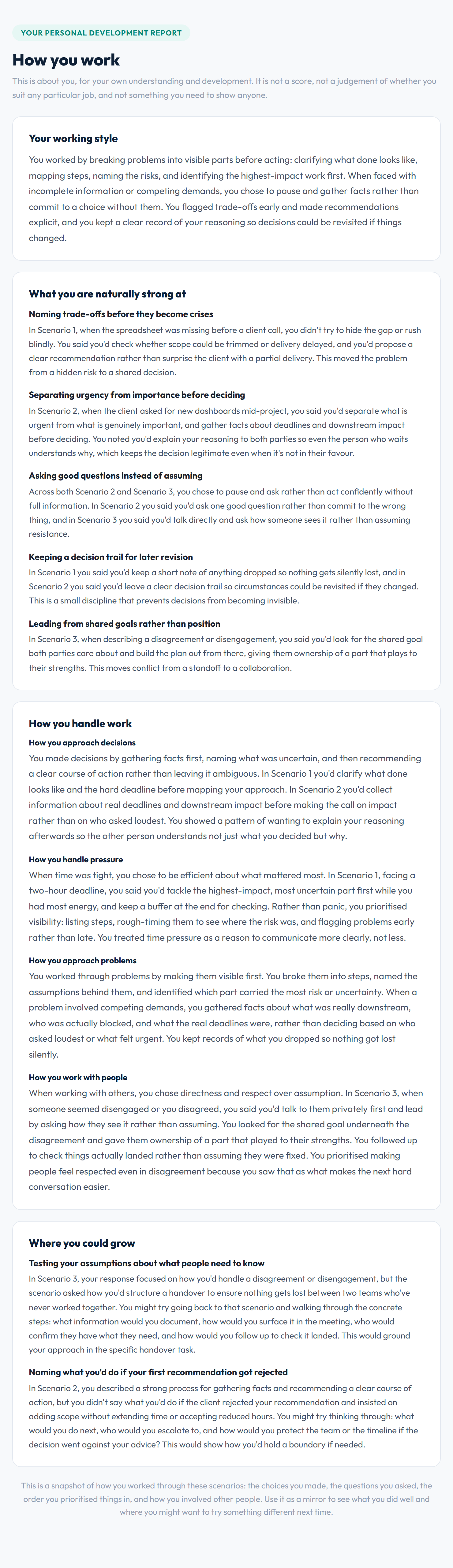 Preview of a real PRODICTA development report showing a person's working style and strengths.