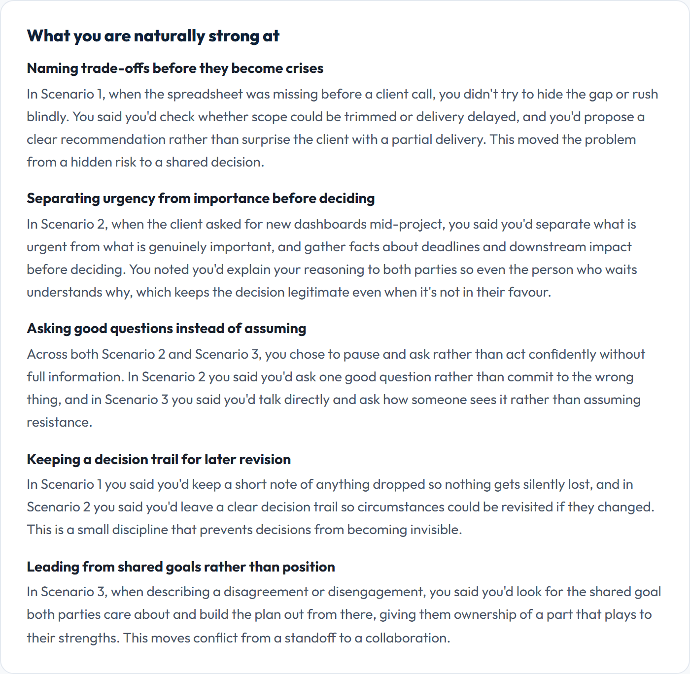 A real PRODICTA profile section listing a person's strengths, described in plain language with no scores or ratings.